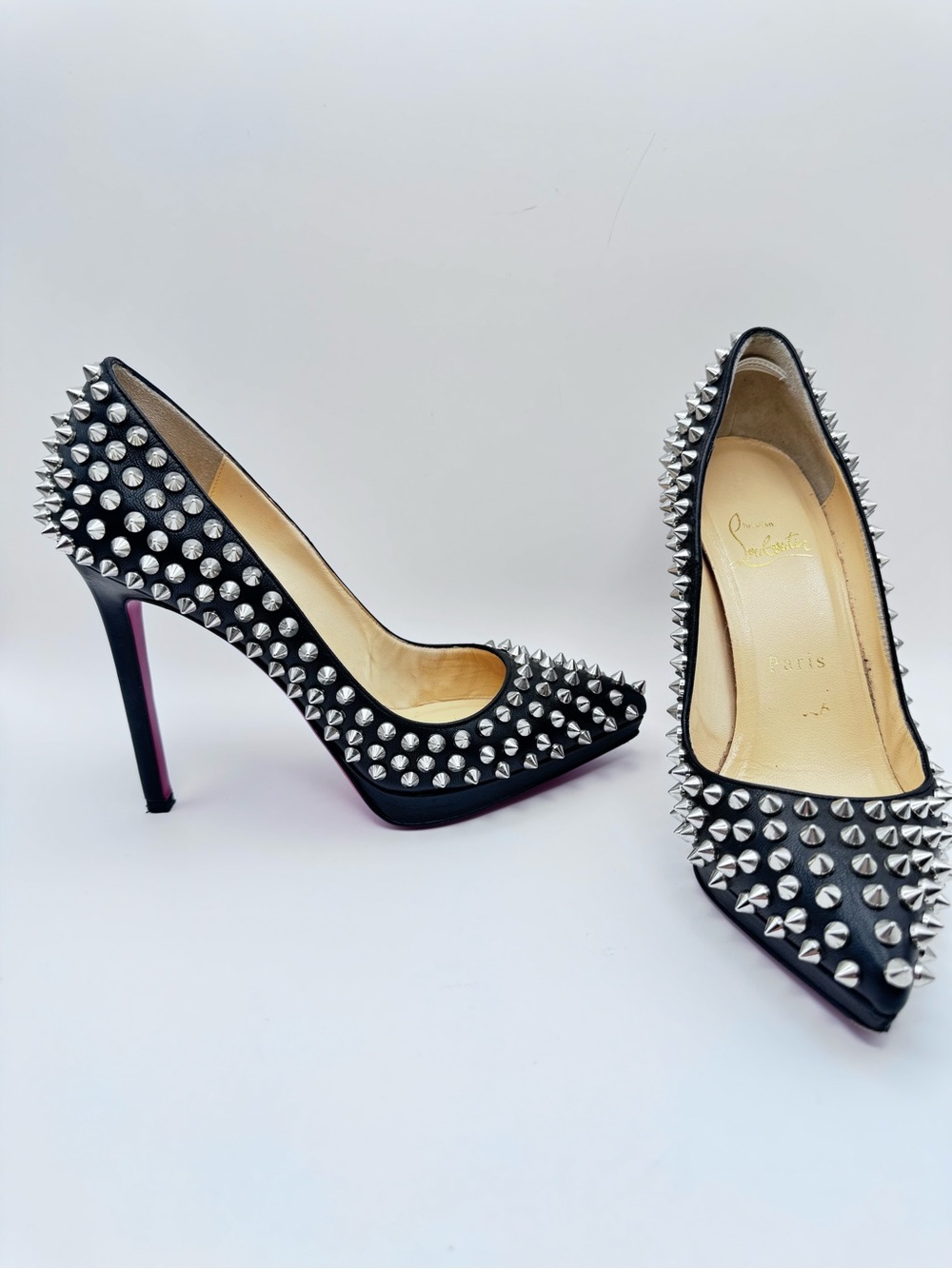 Christian Louboutin Follies Spikes 100 Black Silver Pumps Size 36 spike
